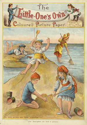 Building sand castles on the beach (chromolitho)
