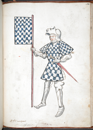 Knight, in armour and tabard, holding a sword and a standard with banner and arms.