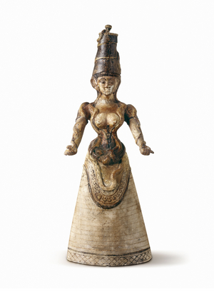 “Snake Goddess” figurine, -1650 (Painted faience)