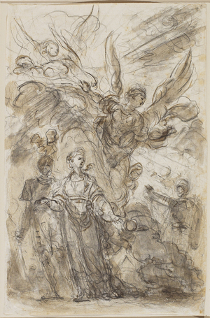 Charlemagne leads Angelica away from Roland, c.1785 (black chalk & brown wash with traces of graphite on laid paper)