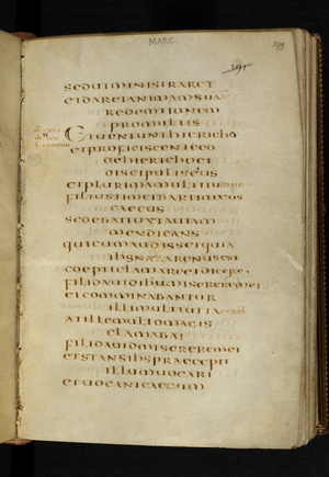 A page from St Mark's Gospel from the 'Harley Gospels', or 'Codex Harleianus, 6th century