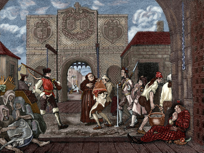 The Gate of Calais. Etching by William Hogarth (1697-1764). Engraving, 1888. Colored.
