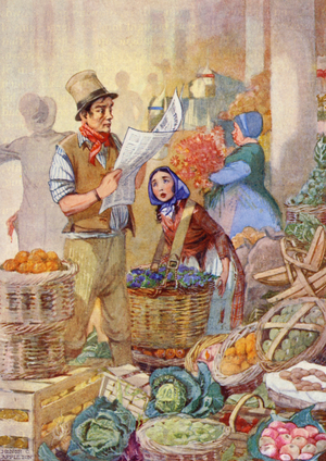 "The ragged market-girl cried, 'Will Christmas die too, then?'" (colour litho)