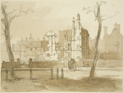 West side of Queen Square, after the Riots (pencil & watercolour on paper)