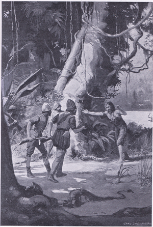 Like a man from the dead, Sanchas de Vargas appears to his old comrades, illustration from My Magazine (Arthur Mee), c.1920-30 (litho)