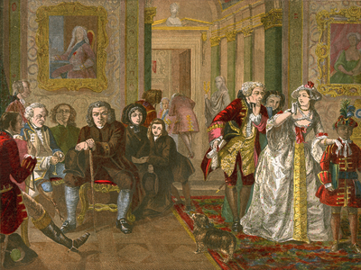 Dr Johnson in the ante-room of Lord Chesterfield (coloured engraving)