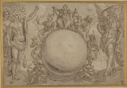 Apollo, Diana, and Time with the Cyclic Vicissitudes of Human Life, c.1561 (pen and brown ink with gray wash over traces of graphite, incised for transfer on laid paper)