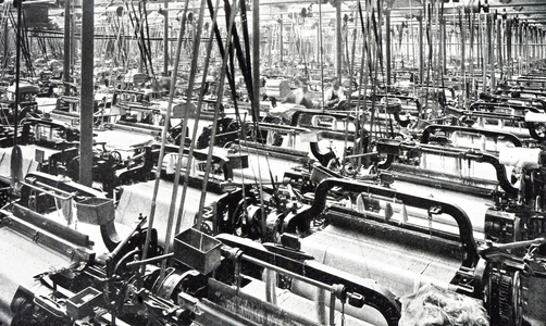 A photograph that was taken within a cotton weaving shed, 19th century