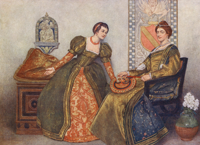 Shakespeare's The Merchant of Venice: Portia and Nerissa (colour litho)