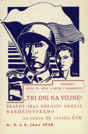 A Slovak card informing of an upcoming military gathering in Bardejov District, Slovakia (litho)