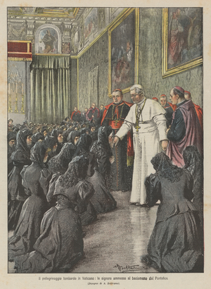 The Lombard pilgrimage to the Vatican, the ladies admitted to the hand kiss by the Pontiff (colour litho)