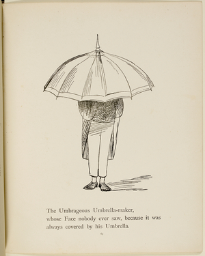 Man holding umbrella From a collection of poems and songs by Edward Lear. Illustration. Animals.