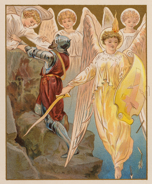 Knight greeted by angels (chromolitho)