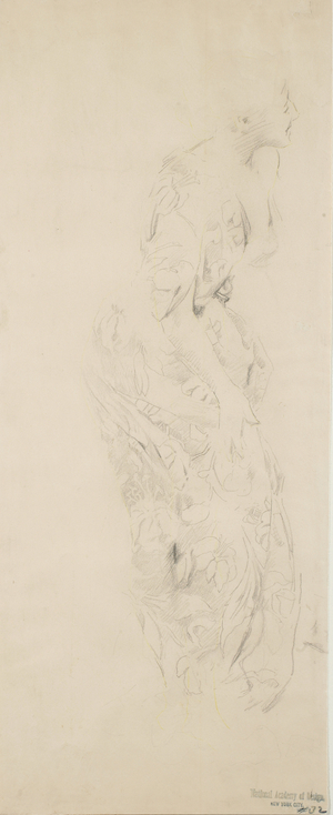 Sketch of woman in flower print dress, possibly for 'Moods to Music' mural, 1893-98 (graphite & yellow pencil on buff wove paper)