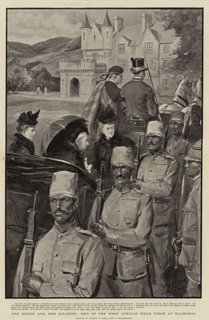 The Queen and her Soldiers, Men of the West African Field Force at Balmoral (litho)