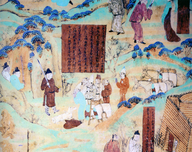 China: A group of bandits holding up a caravan of travellers on the Silk Road. Dunhuang, 8th century.