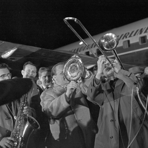The Werner Mueller Orchestra arriving at Hamburg airport late in the evening, Germany 1950s