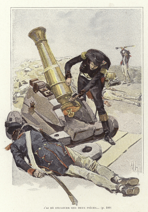 A soldier inspects a cannon beside the body of dead soldier (colour litho)