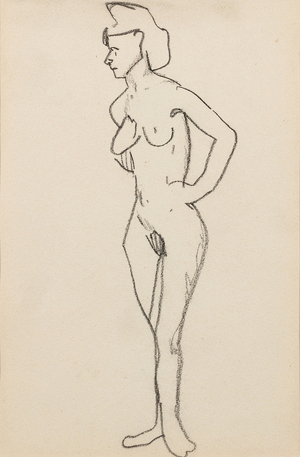 Standing nude woman in three-quarter view to the left, hand on hip, 1905(pencil on paper)