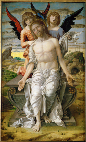 Christ as the Suffering Redeemer, seated on a sarcophagus, supported by two angels (painting on canvas)