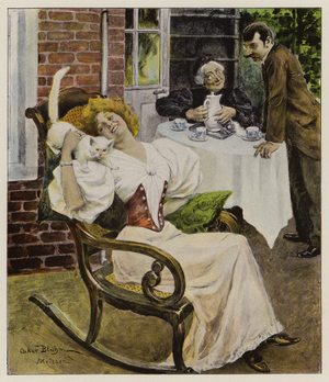 Young woman sitting in a rocking chair with her pet cat (colour litho)