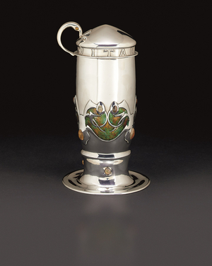 Cup and cover, 1900 (silver & enamel with opal in matrix cabochons)