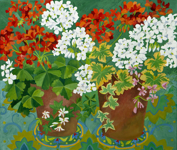 Red and white geraniums in pots, 2013 (acrylic on canvas)