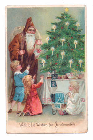 Edwardian Christmas postcard of Father Christmas and three children in front of a Christmas tree, c.1910 (colour litho)