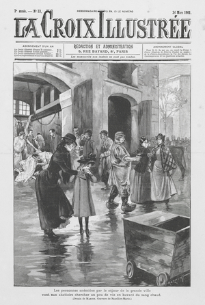 People drinking warm blood at an abbatoir (engraving)