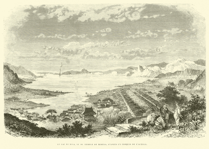 Le lac de Biva, vu du Temple de Midera, d'apres un croquis de l'Auteur (engraving)