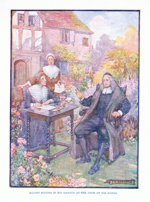 Milton sitting in his garden at the door of his house, from English Literature pub.by T C & EC Jack, c.1920 (colour litho)