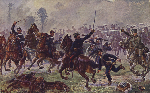 German hussars capturing French guns at Longwy, World War I, 22 August 1914 (colour litho)