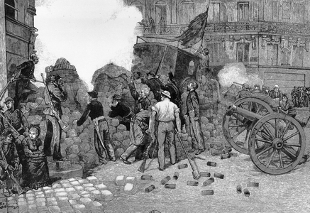 Barricade in Paris during Commune civil war, 1871, engraving
