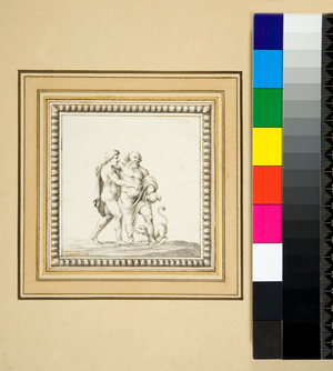 Three silver panels from the front of a wooden chest (black chalk, some with pen and brown ink. coloured with w/c)