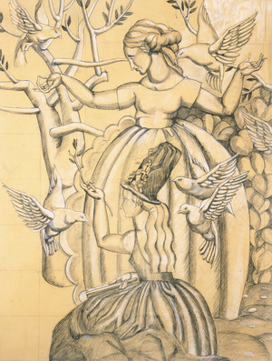 Two Elegant Ladies with Birds, c. 1925 (pencil and crayon on paper)