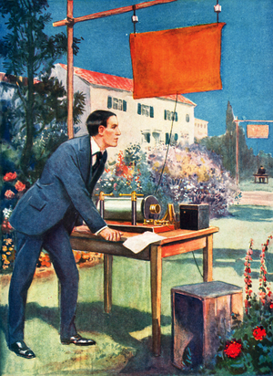 Wireless telegraphy, one of Marconi's earliest experiments (colour litho)