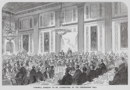 Farewell banquet for Dr David Livingstone, Freemasons' Hall, London (engraving)