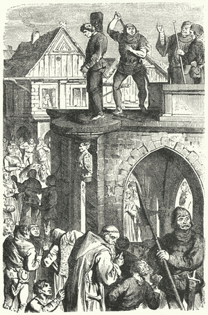 A public flogging in Germany during the reign of the Holy Roman Emperor Maximilian I (engraving)