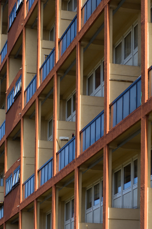 Exterior view of the block of flats, north of the Priory Green estate, showing its balcony fronts from the south-east, 132 Muriel Street, Pentonville, Islington, Greater London Authority, UK, 2005 (photo)