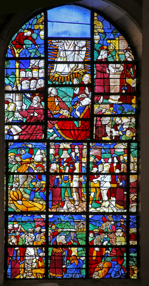 Window depicting Scenes from the life of Saint Barbara, of the Passion and the Transfiguration (stained glass)