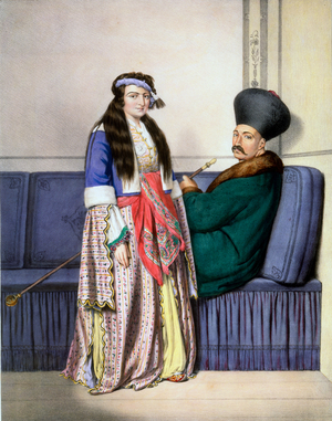 An Armenian price and his wife - Plate XXVII, engraved by Lemercier from 'Voyage à Athènes et a à Constantinople', written and illustrated by Dupre, 1828 (colour litho)
