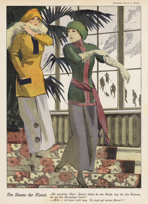 Two women at a winter sports resort (colour litho)