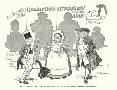Went first to one, then to the other of them, hospitably offering her tureen (litho)