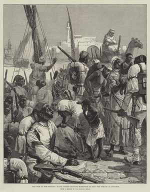 The War in the Soudan, Black Troops leaving Massowah to join the Forces at Souakim (engraving)
