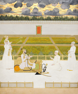 Mir Jaffar, Nawab of Murshidabad, with a courtier and attendants, c.1760 (opaque w/c & gold on paper)