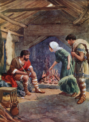 Alfred the Great in the Neat-Herd's Cottage (colour litho)