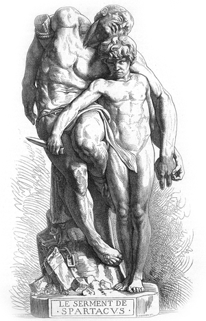 Spartacus' oath sculpture by Ernest Barrias presented at art salon in Paris 1872, engraving