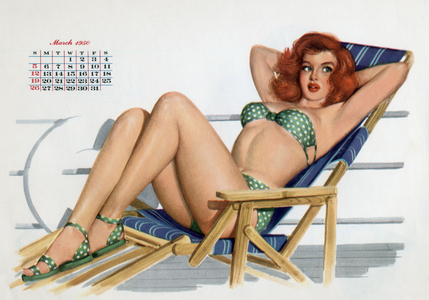 Pin-up girl in bikini on a deckchair, March from 'Esquire Girl Calendar' 1950 (print)