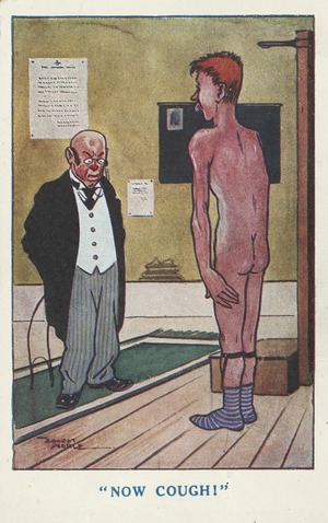 Doctor asking a naked man to cough during a medical examination (colour litho)