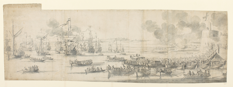 Mary of Modena embarking at Gravesend, 1673 (graphite, black chalk, pen and ink, grey wash, on paper)